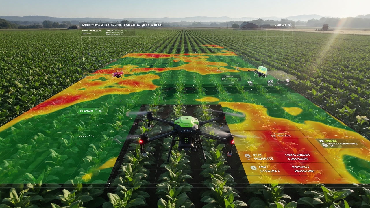 A DJI T60 drone carrying out variable-rate fertilization, spreading organic fertilizer evenly along an RTK-planned route